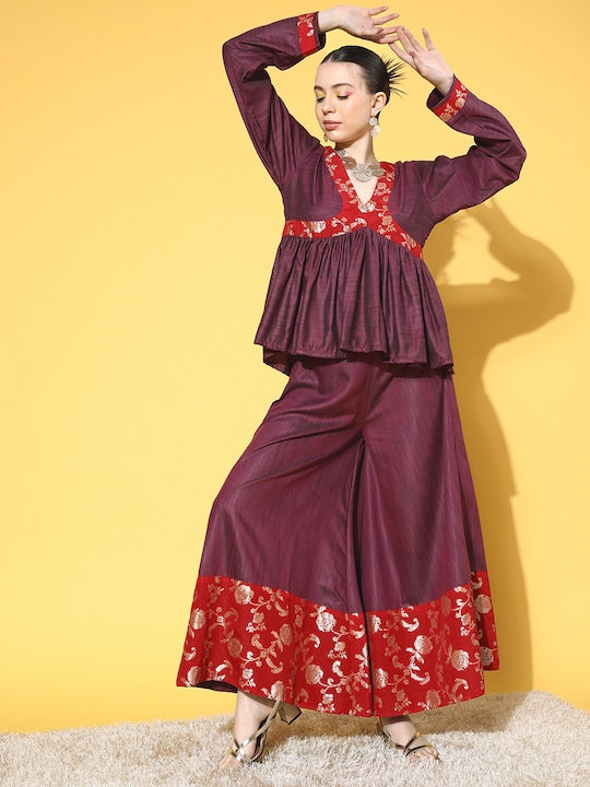 InWeave Women's Wine Red Brocade Mughal Shaan Kurta Palazzo Set