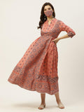Juniper Women's Peach Geometric Printed Pure Cotton Maxi Dress With Lace Work