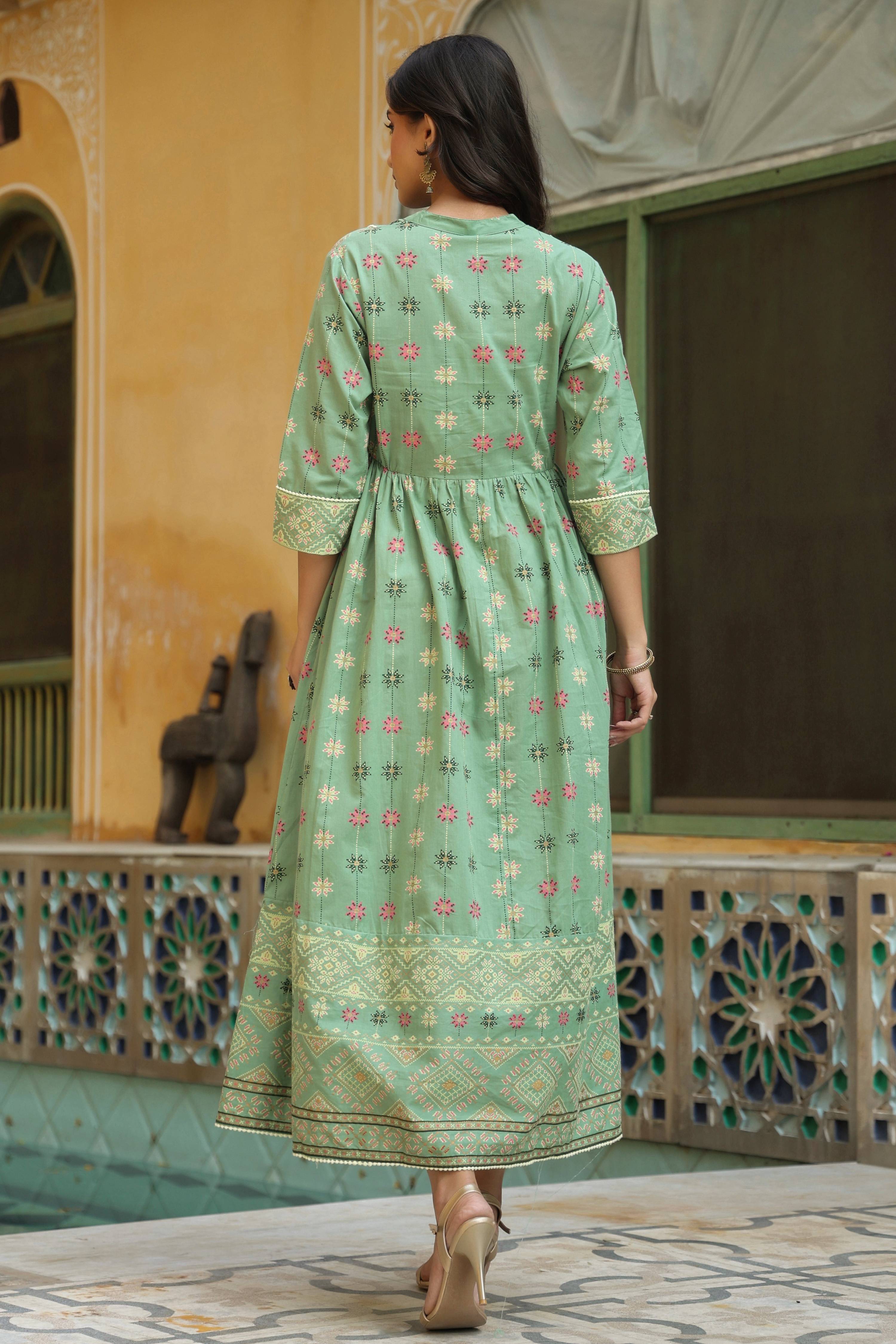 Juniper Women Pistagreen Cambric Printed Flared Dress