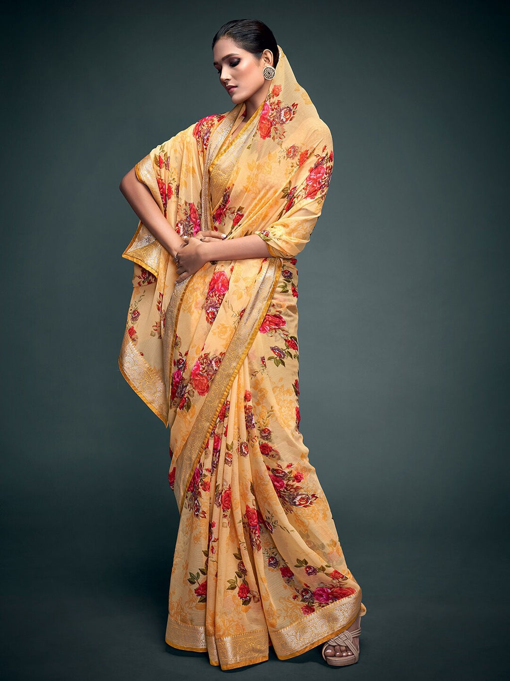 Saree Mall Yellow & Gold-Toned Floral Pure Georgette Banarasi Saree