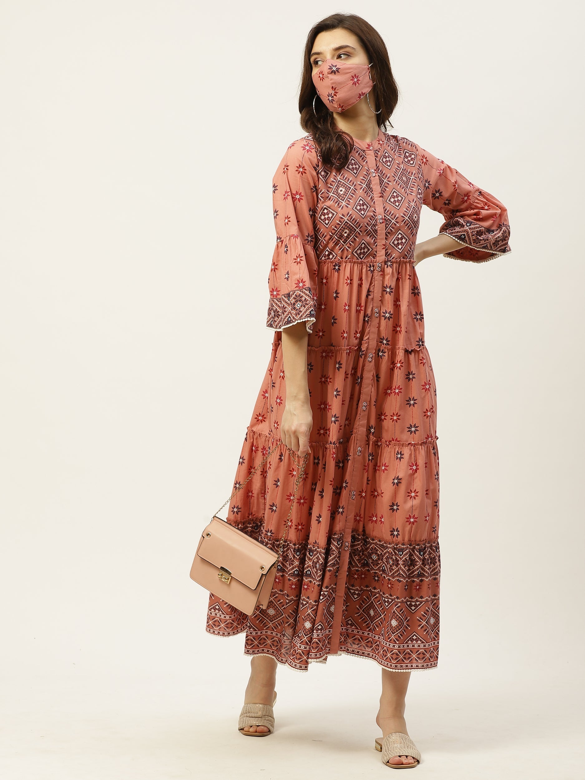 Juniper Womens Peach Cambric Printed Tiered Maxi Dress