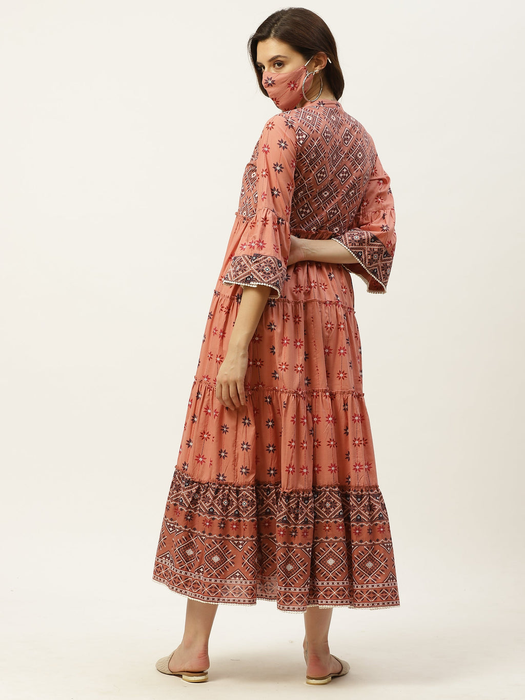 Juniper Womens Peach Cambric Printed Tiered Maxi Dress