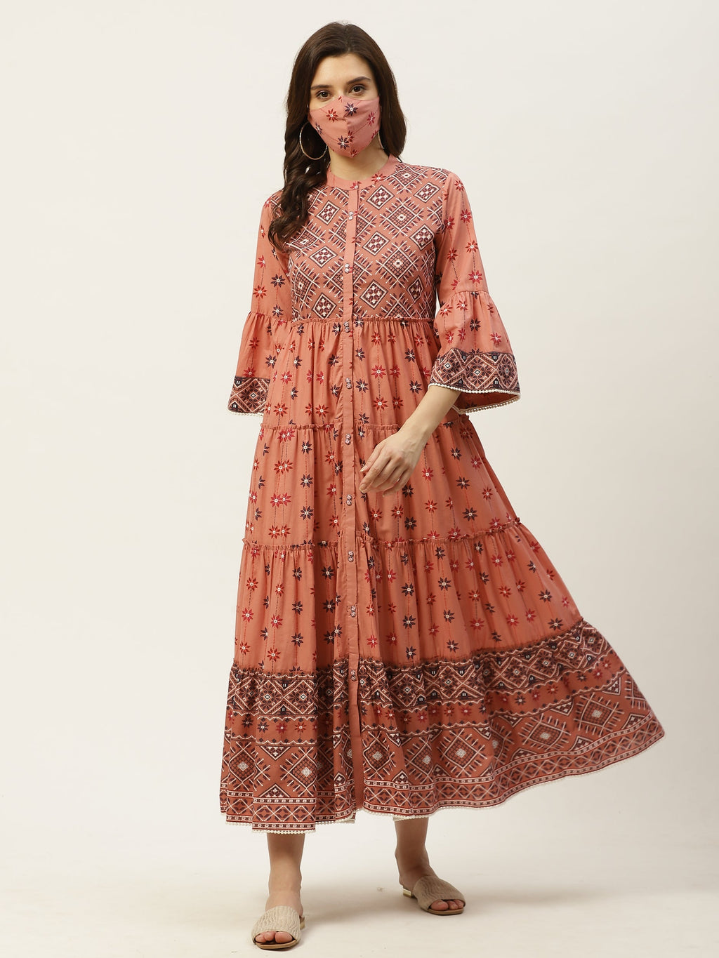 Juniper Womens Peach Cambric Printed Tiered Maxi Dress