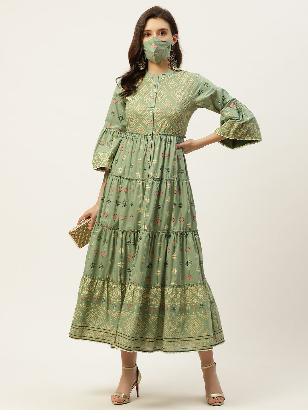 Juniper Womens Pista Green Cambric Printed Tiered Maxi Dress