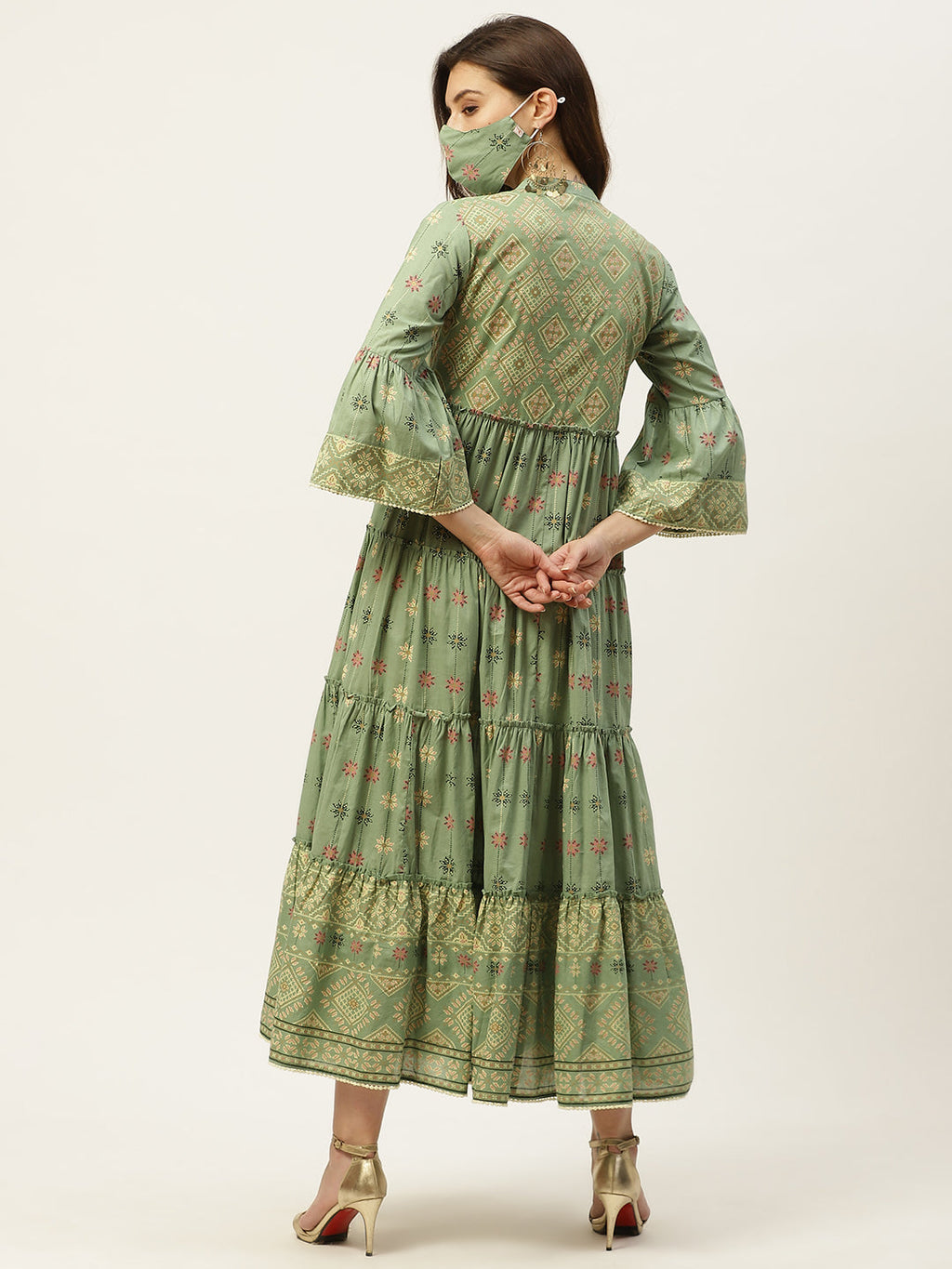Juniper Womens Pista Green Cambric Printed Tiered Maxi Dress