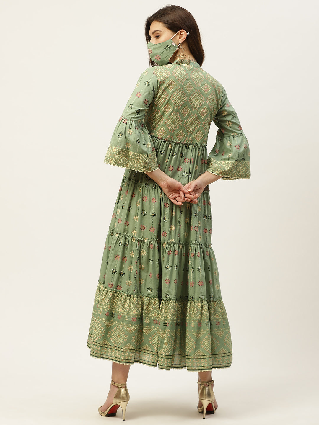 Juniper Womens Pista Green Cambric Printed Tiered Maxi Dress