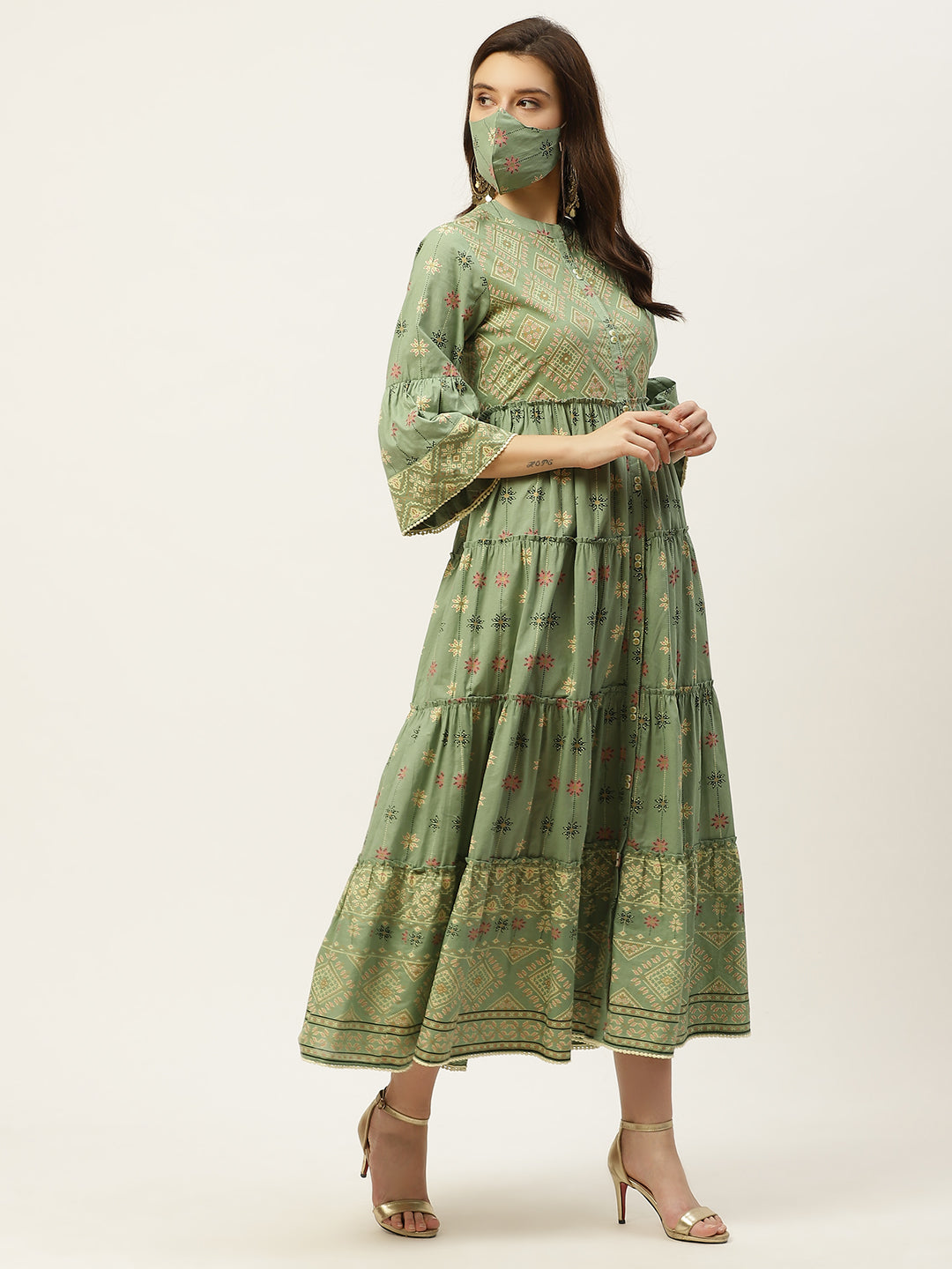 Juniper Womens Pista Green Cambric Printed Tiered Maxi Dress