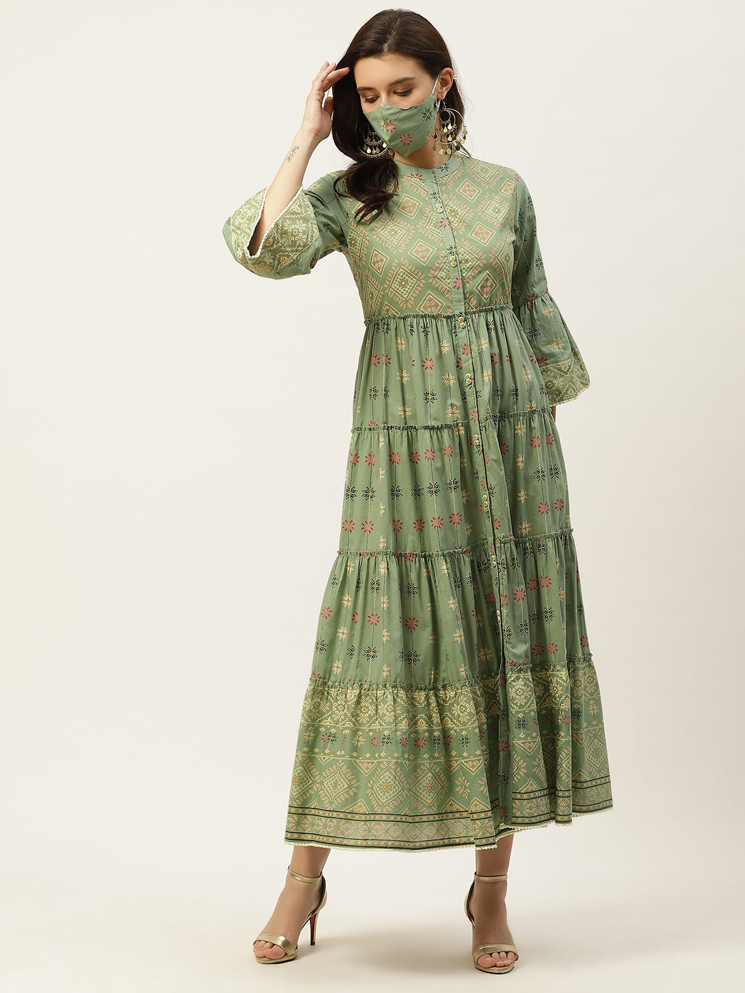 Juniper Womens Pista Green Cambric Printed Tiered Maxi Dress