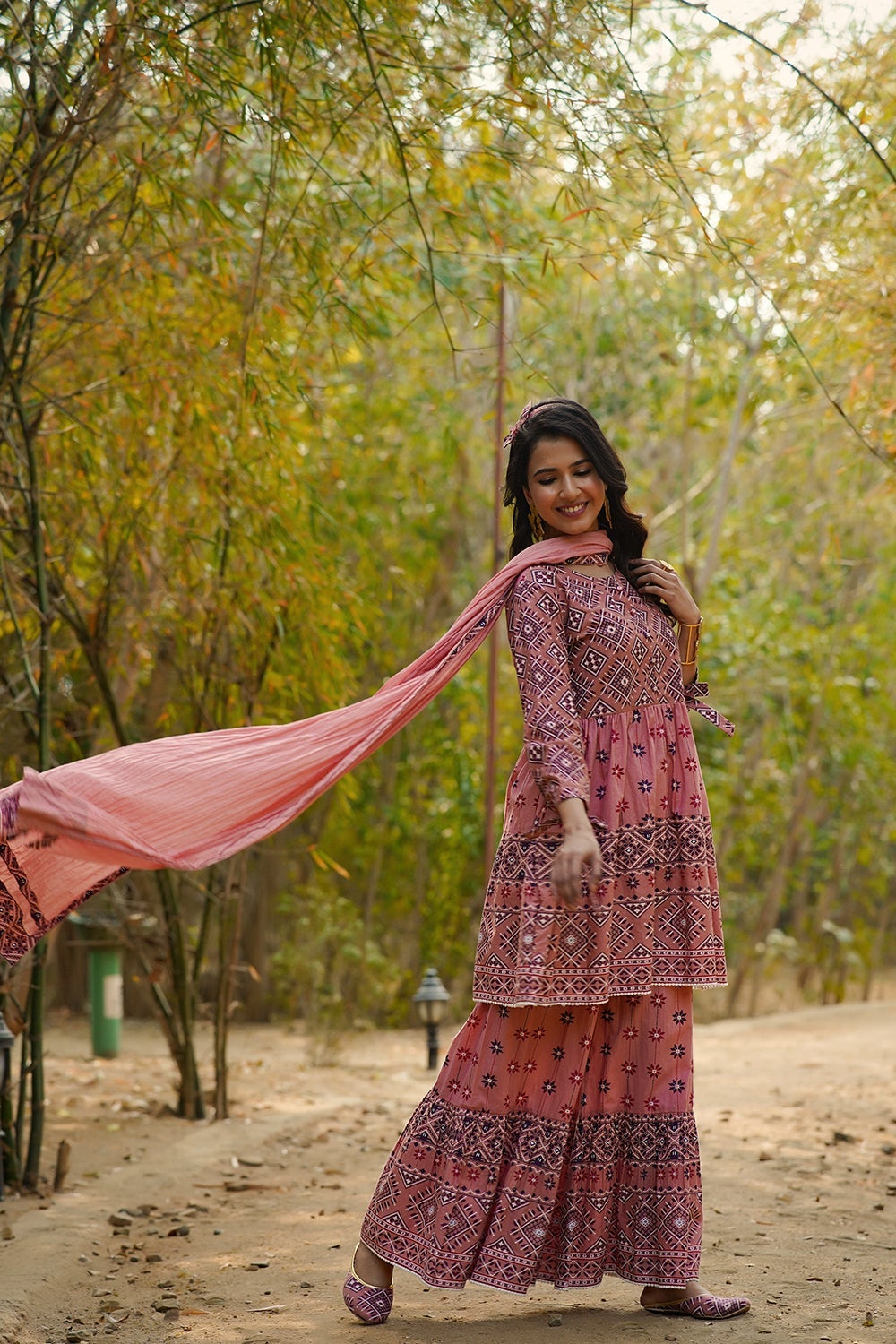 Juniper Women's Peach Geometric Printed Pure Cotton Kurta Palazzo & Dupatta With Lace Work
