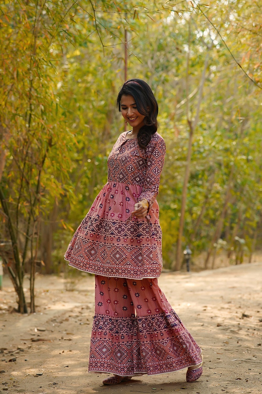 Juniper Women's Peach Geometric Printed Pure Cotton Kurta Palazzo & Dupatta With Lace Work