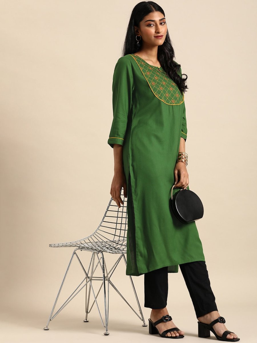 All About You Women Green Ethnic Motifs Yoke Design Keyhole Neck Straight Kurta