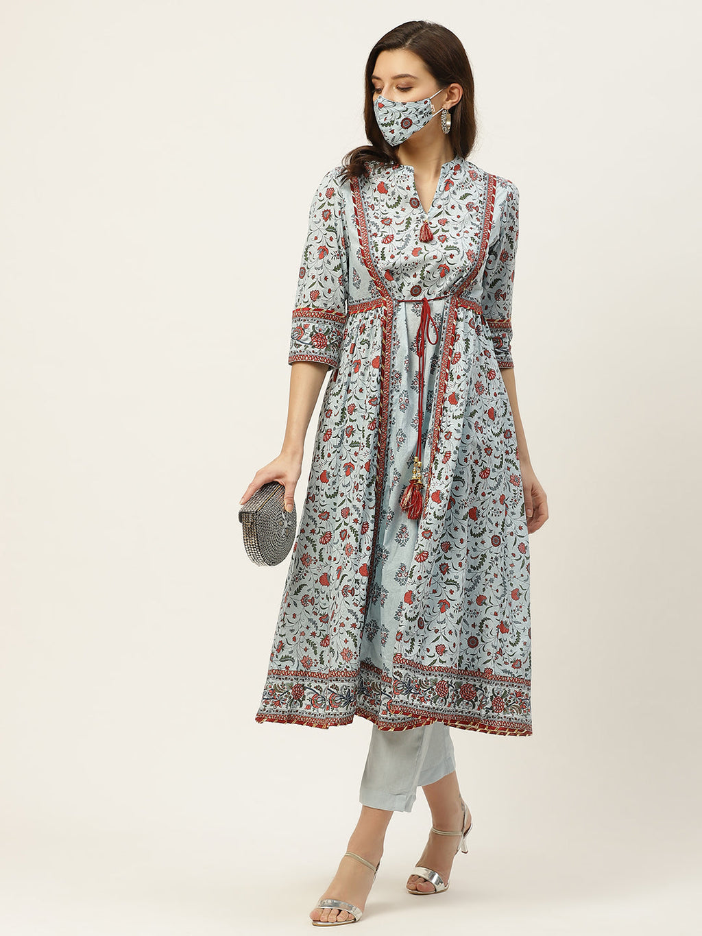 Juniper Womens Blue Cambric Printed Flared Kurta
