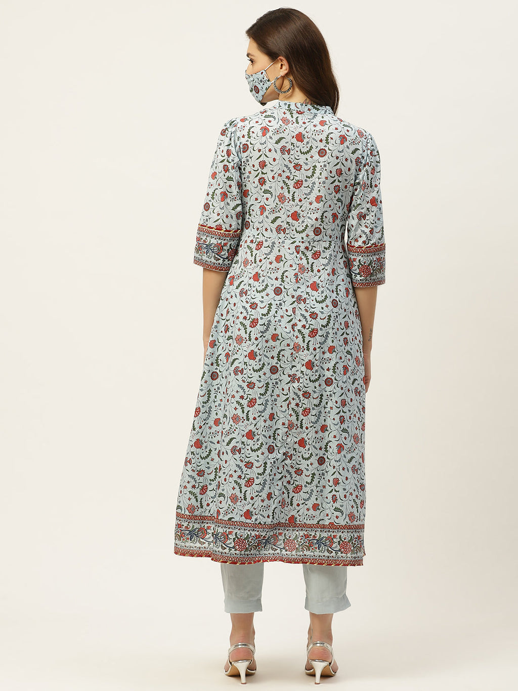 Juniper Womens Blue Cambric Printed Flared Kurta
