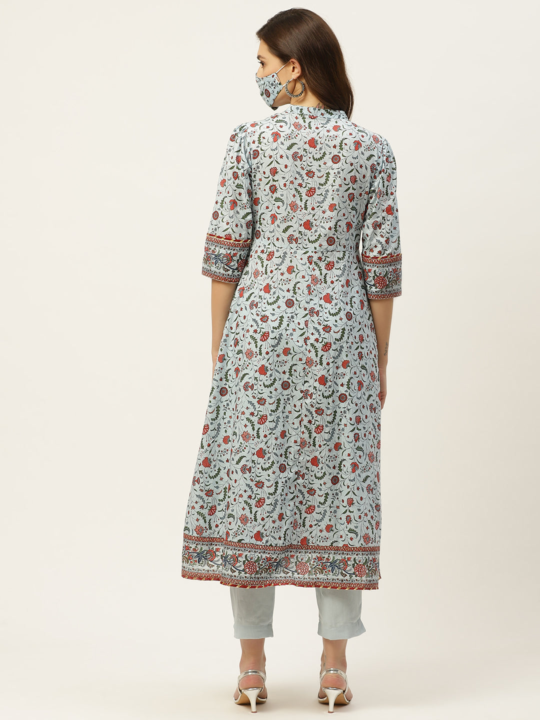 Juniper Womens Blue Cambric Printed Flared Kurta