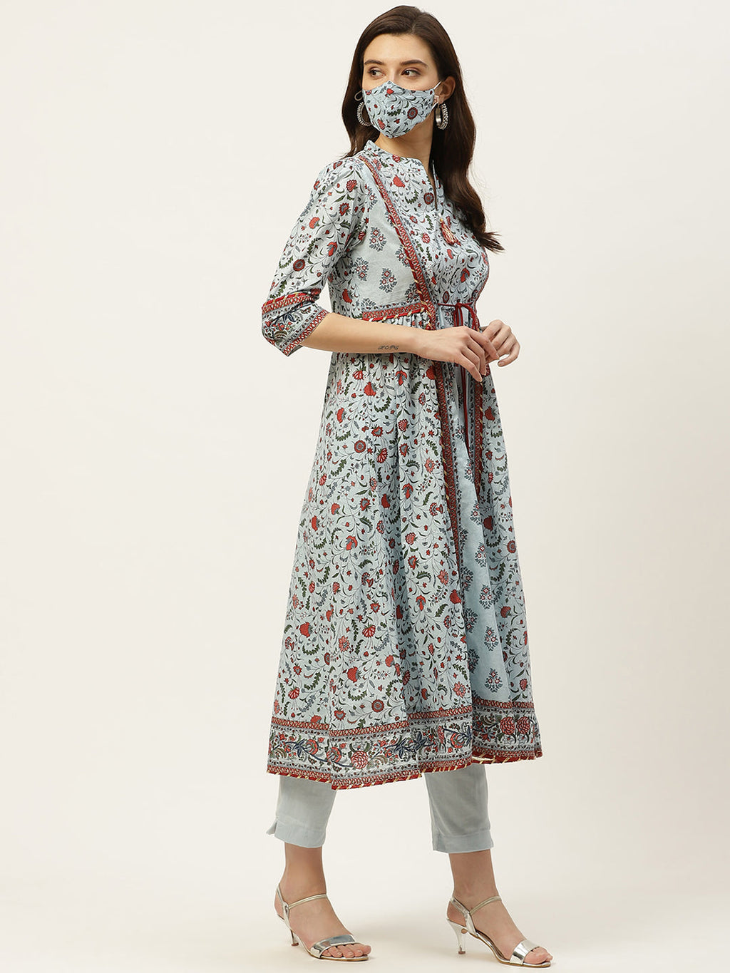 Juniper Womens Blue Cambric Printed Flared Kurta