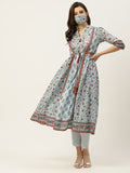 Juniper Womens Blue Cambric Printed Flared Kurta