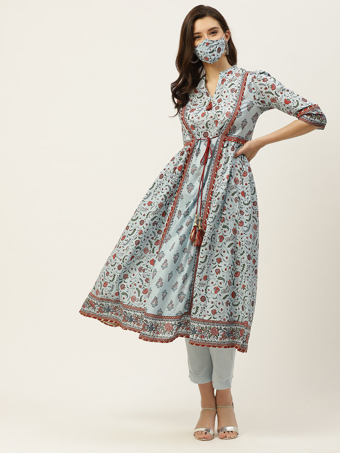 Juniper Womens Blue Cambric Printed Flared Kurta