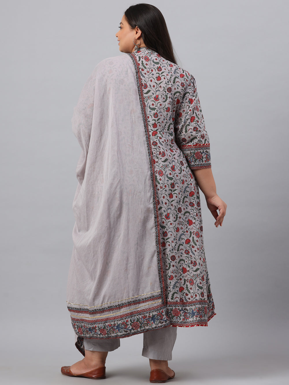 Juniper Women`s Grey Cambric Fusion Wear Printed A-Line Kurta Sets