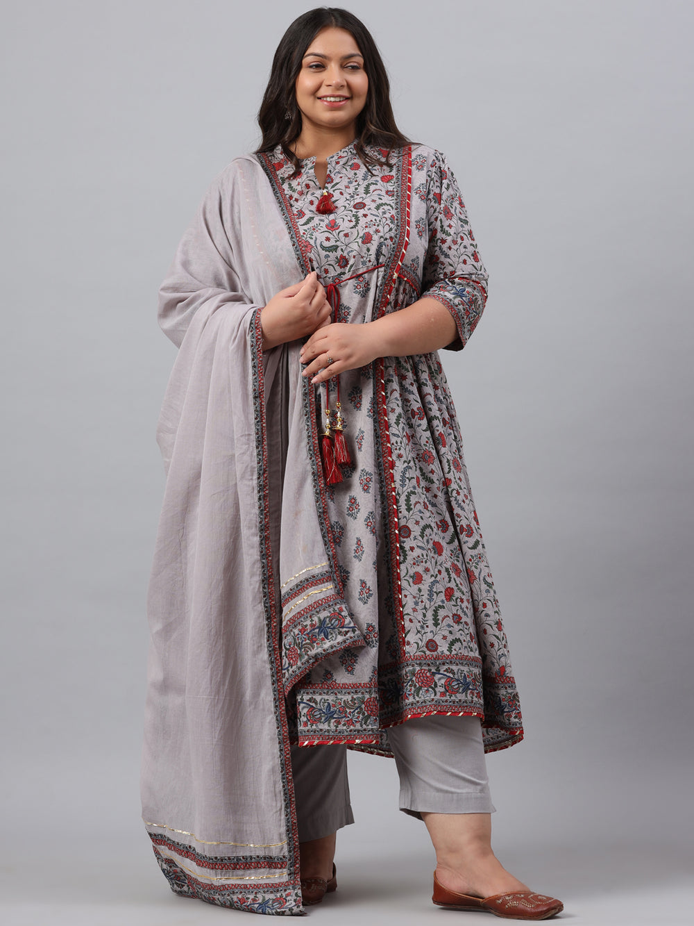 Juniper Women`s Grey Cambric Fusion Wear Printed A-Line Kurta Sets