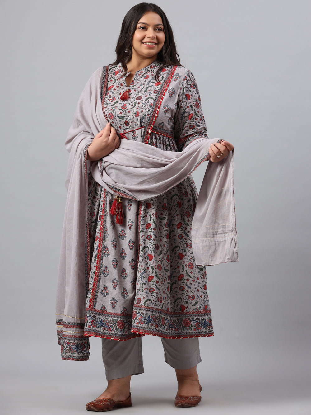 Juniper Women`s Grey Cambric Fusion Wear Printed A-Line Kurta Sets