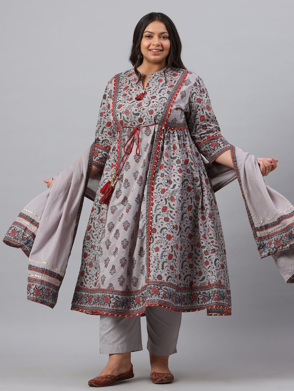 Juniper Women`s Grey Cambric Fusion Wear Printed A-Line Kurta Sets