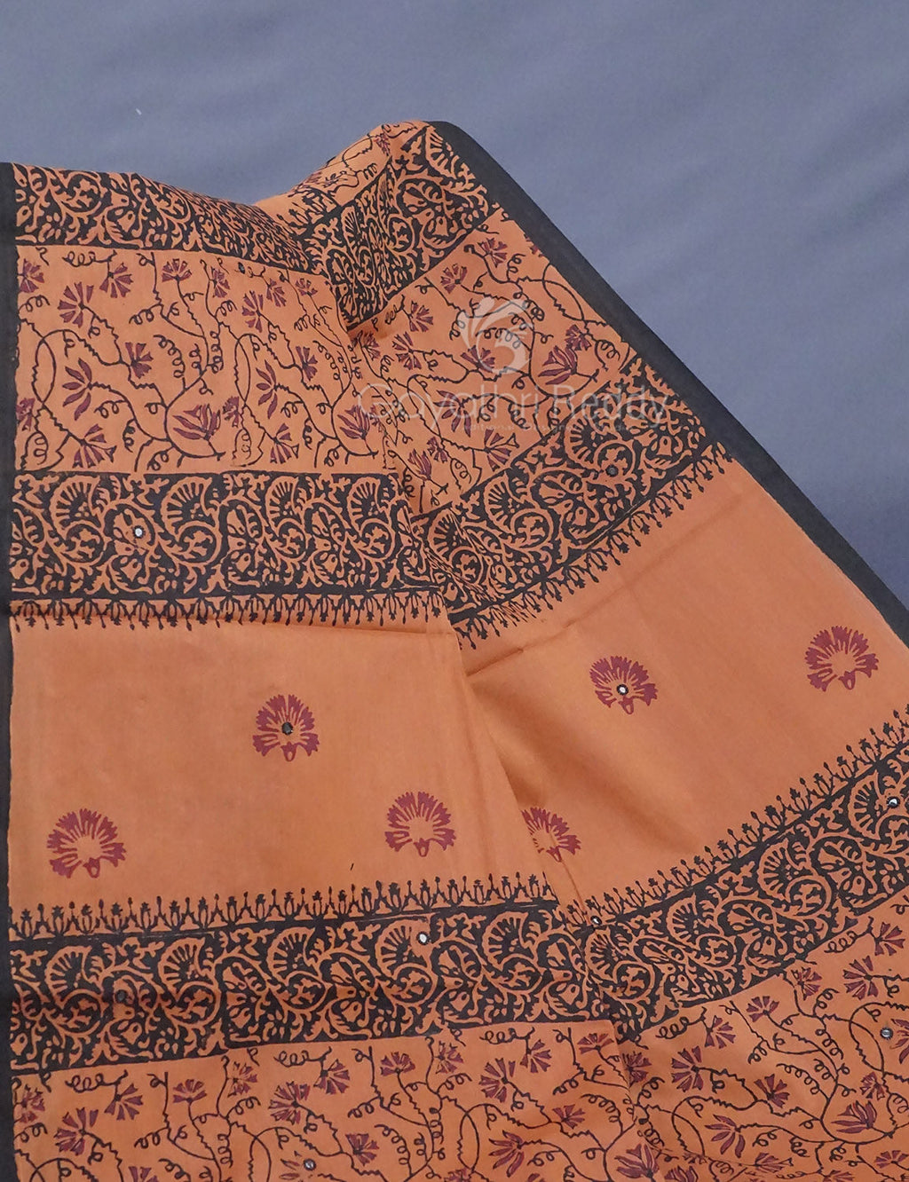 Dark Mustard Colour Block Print With Mirron Embroidered Pure Mulmul Cotton Saree By Gayathri Reddy Designer Studio