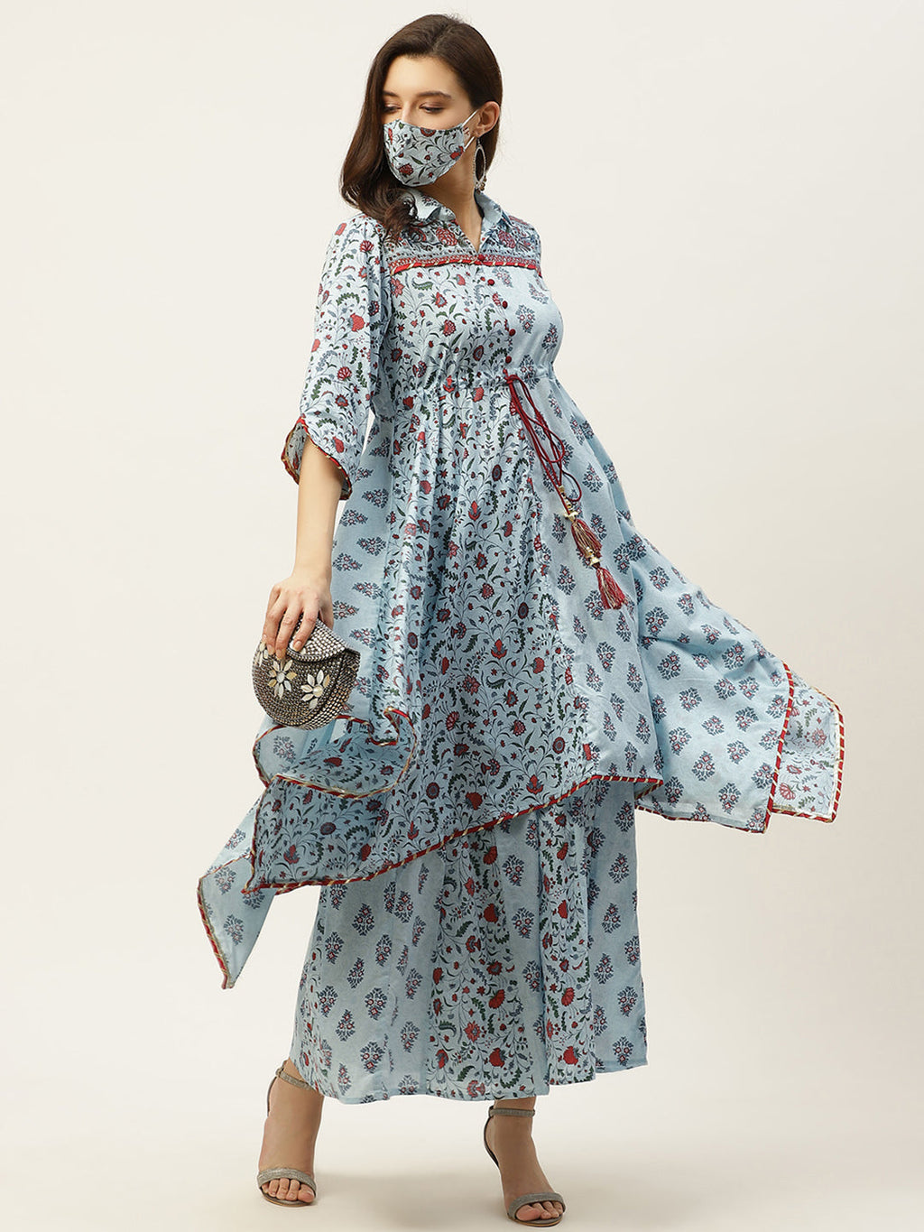 Juniper Women Blue Cambric Printed Asymmetric Clothing Set