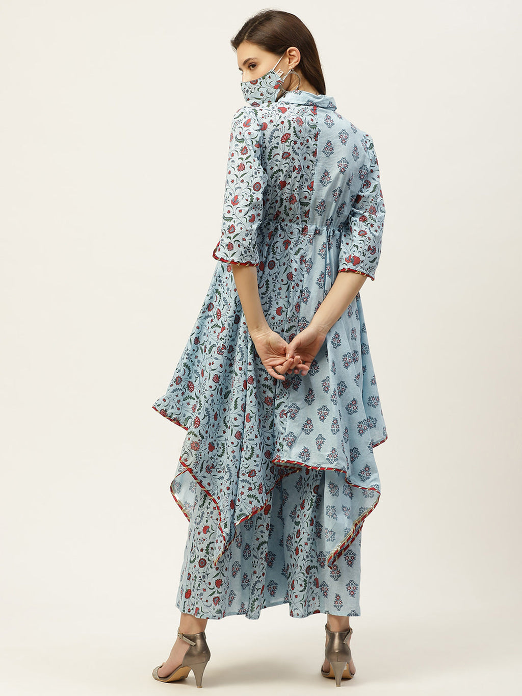 Juniper Women Blue Cambric Printed Asymmetric Clothing Set