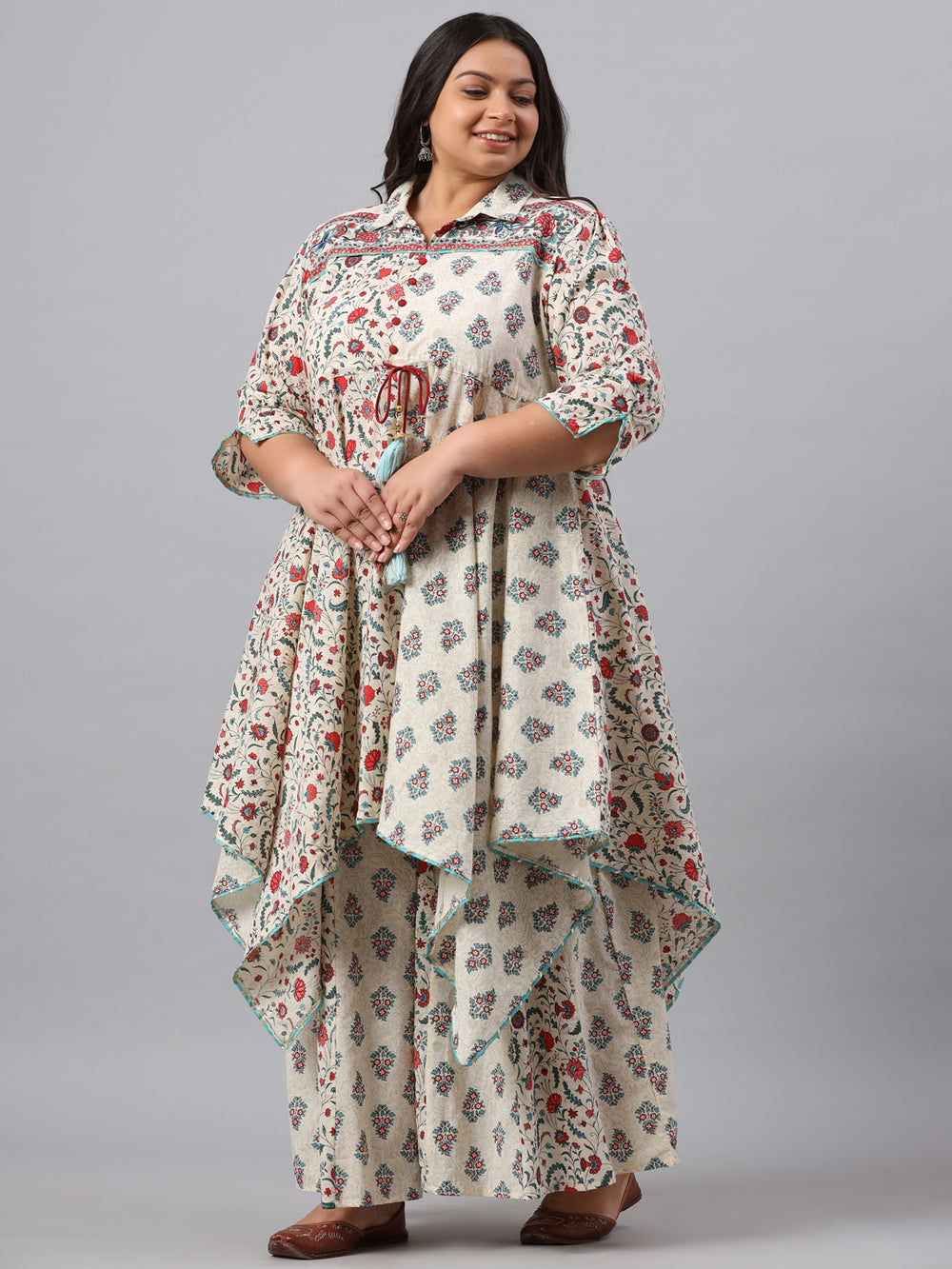 Juniper Women`s Beige Cambric Fusion Wear Printed Asymmetric Kurta Sets