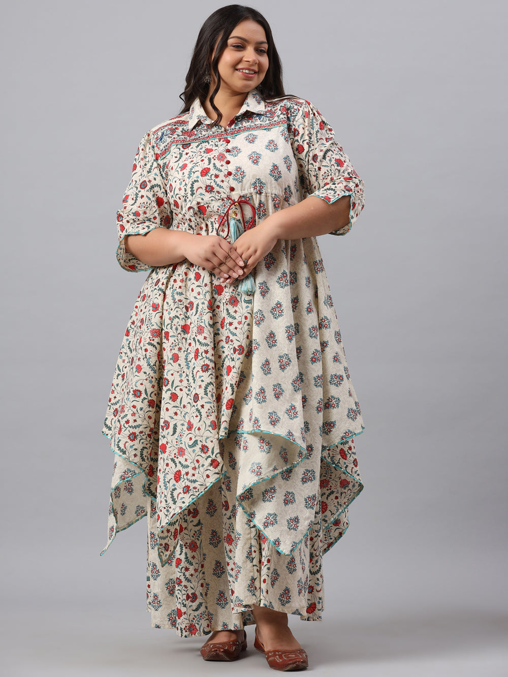 Juniper Women`s Beige Cambric Fusion Wear Printed Asymmetric Kurta Sets