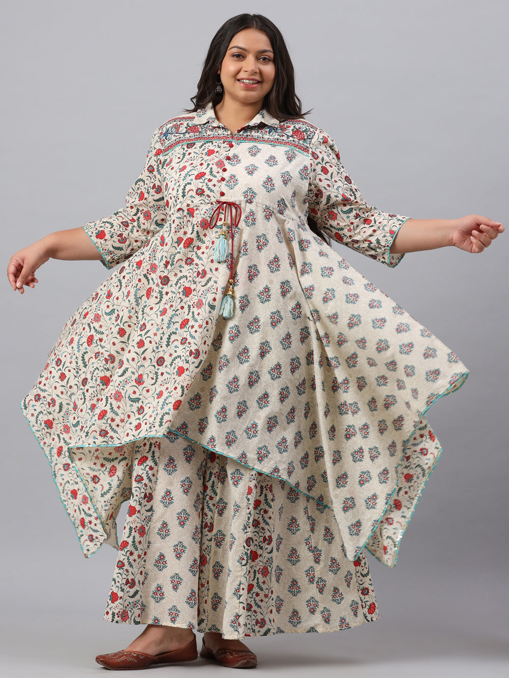 Juniper Women`s Beige Cambric Fusion Wear Printed Asymmetric Kurta Sets