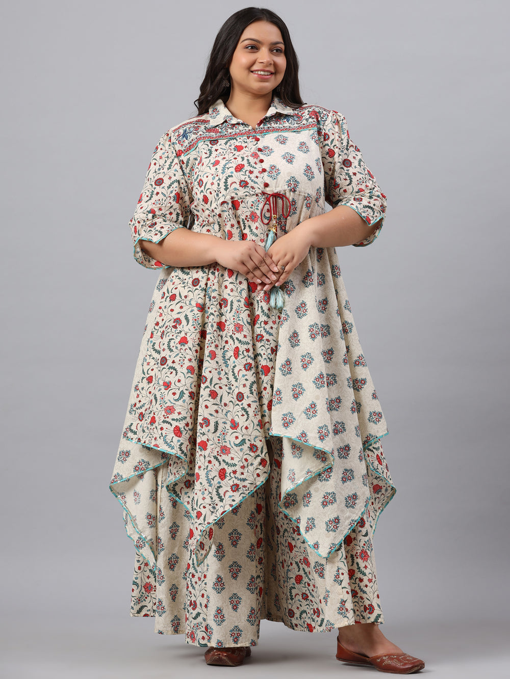 Juniper Women`s Beige Cambric Fusion Wear Printed Asymmetric Kurta Sets