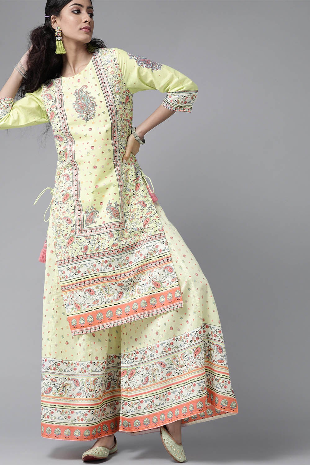 Juniper Women's Limegreen Cambric Printed Straight Kurta Sets