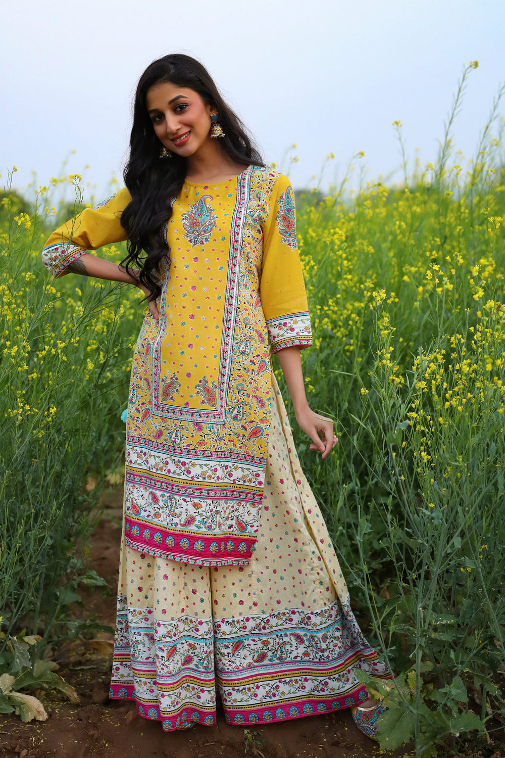 Juniper Women's Yellow Cambric Printed Straight Kurta Sets