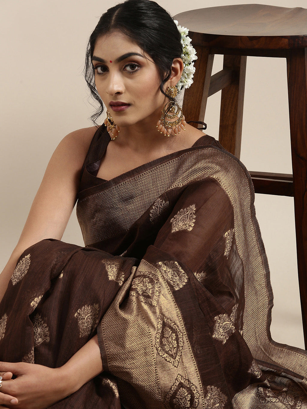Saree Mall Brown Ethnic Motifs Linen Blend Banarasi Saree