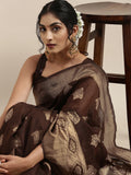 Saree Mall Brown Ethnic Motifs Linen Blend Banarasi Saree