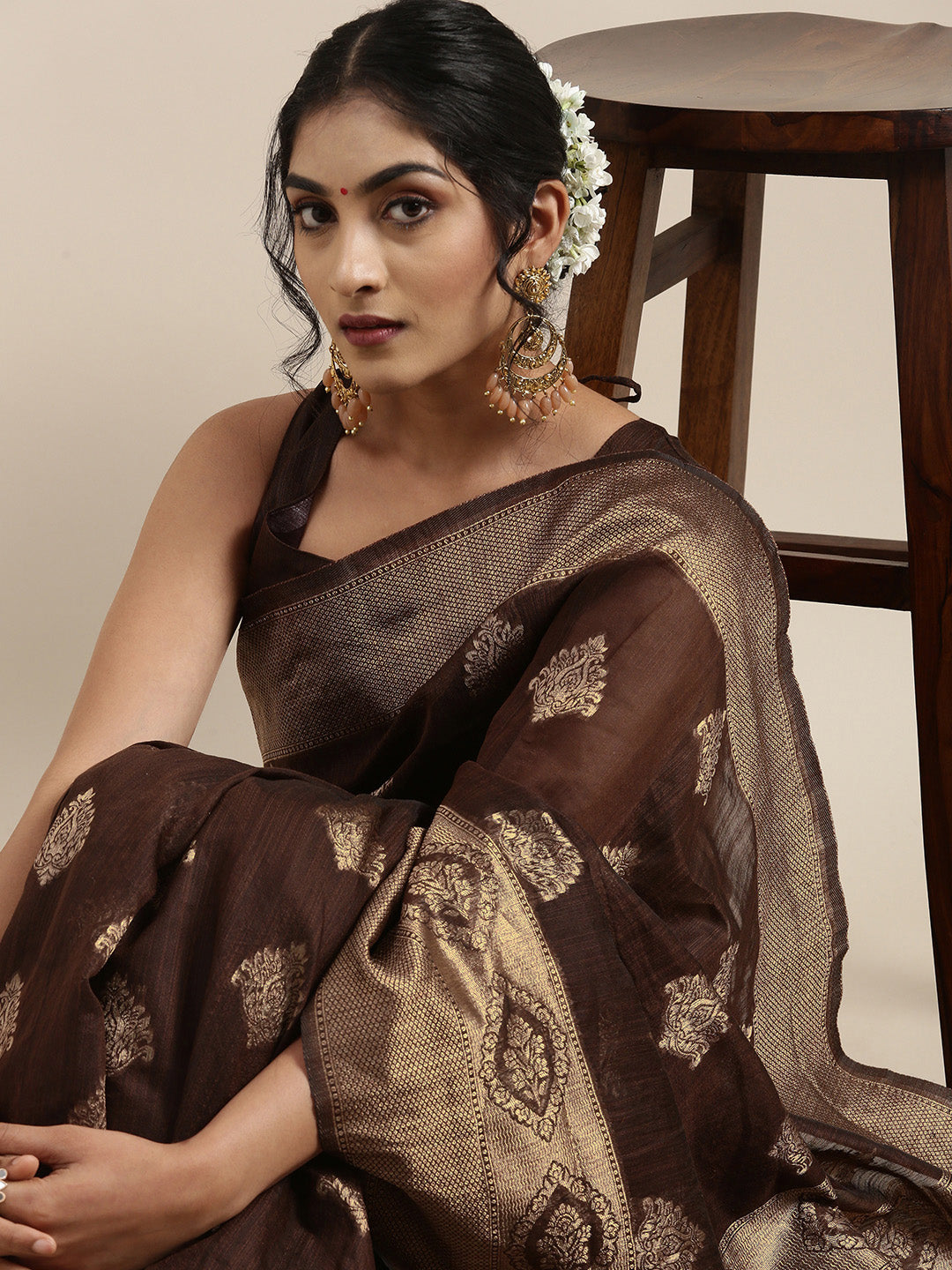 Saree Mall Brown Ethnic Motifs Linen Blend Banarasi Saree