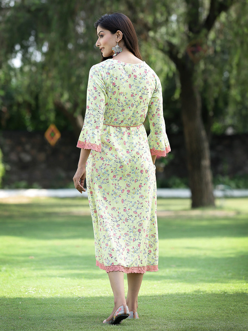 Juniper Womens Lime Green Multi Rayon Slub Double Layer Printed Kurta