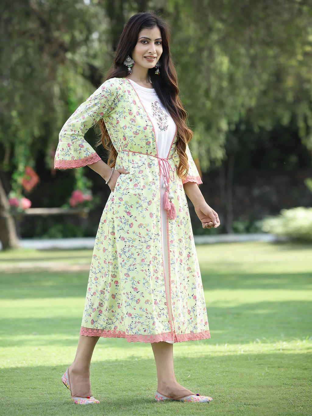 Juniper Womens Lime Green Multi Rayon Slub Double Layer Printed Kurta
