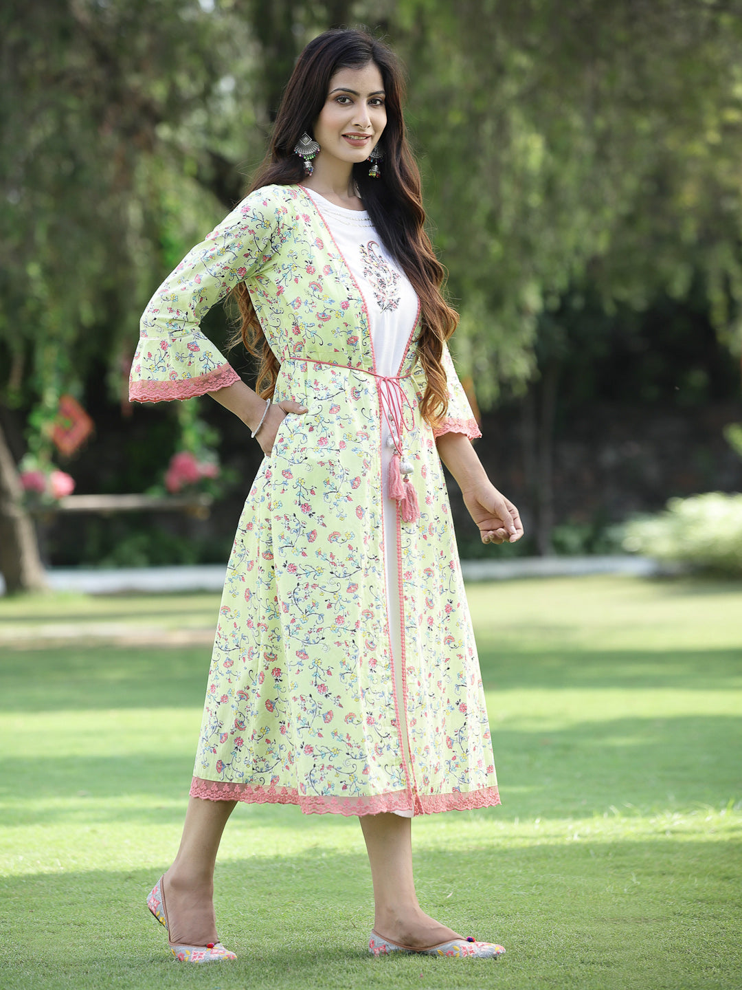 Juniper Womens Lime Green Multi Rayon Slub Double Layer Printed Kurta