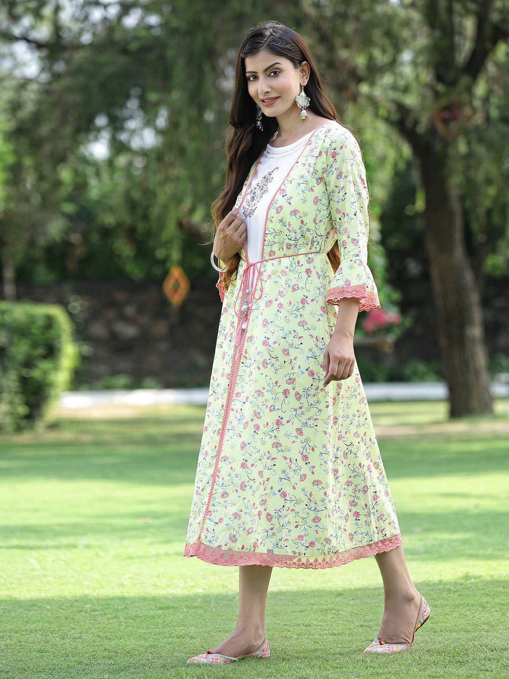 Juniper Womens Lime Green Multi Rayon Slub Double Layer Printed Kurta