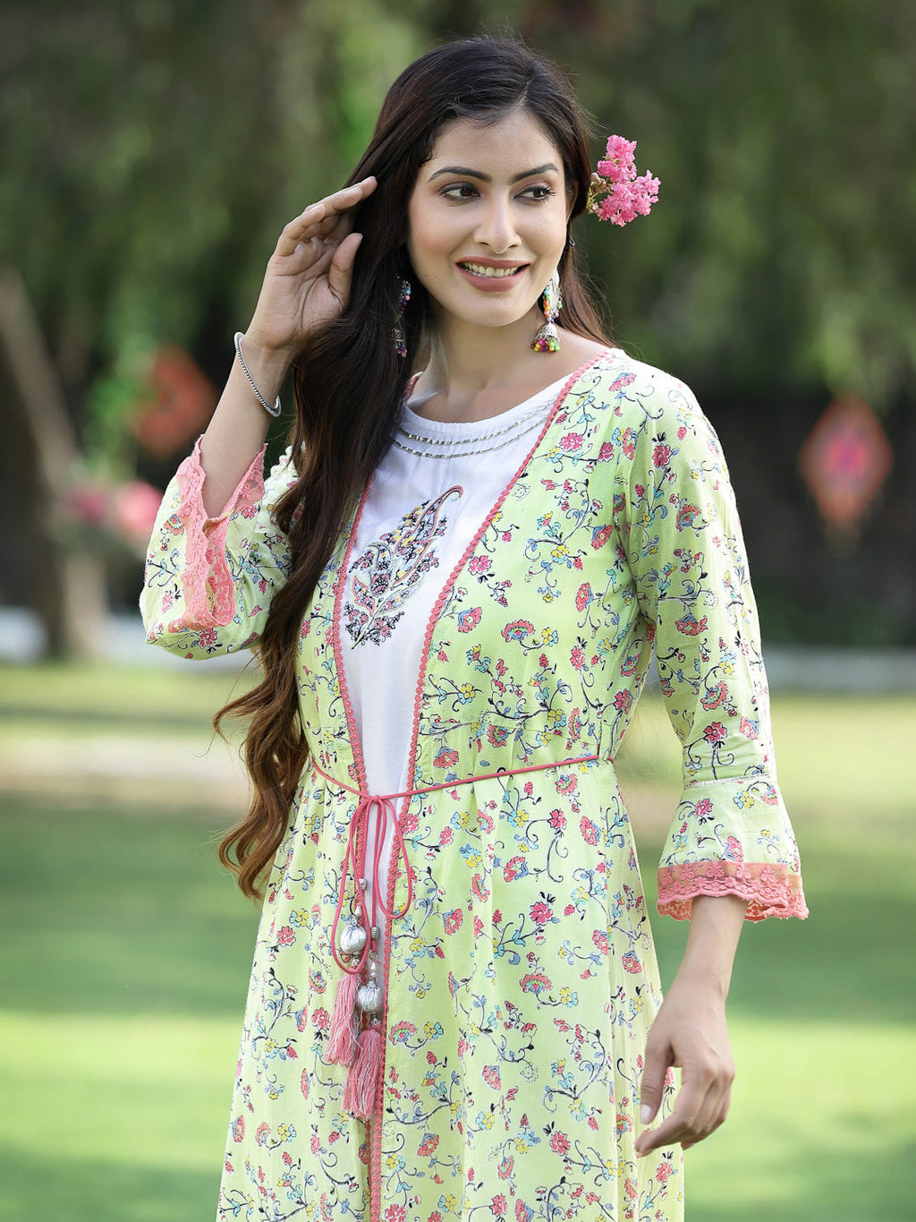 Juniper Womens Lime Green Multi Rayon Slub Double Layer Printed Kurta
