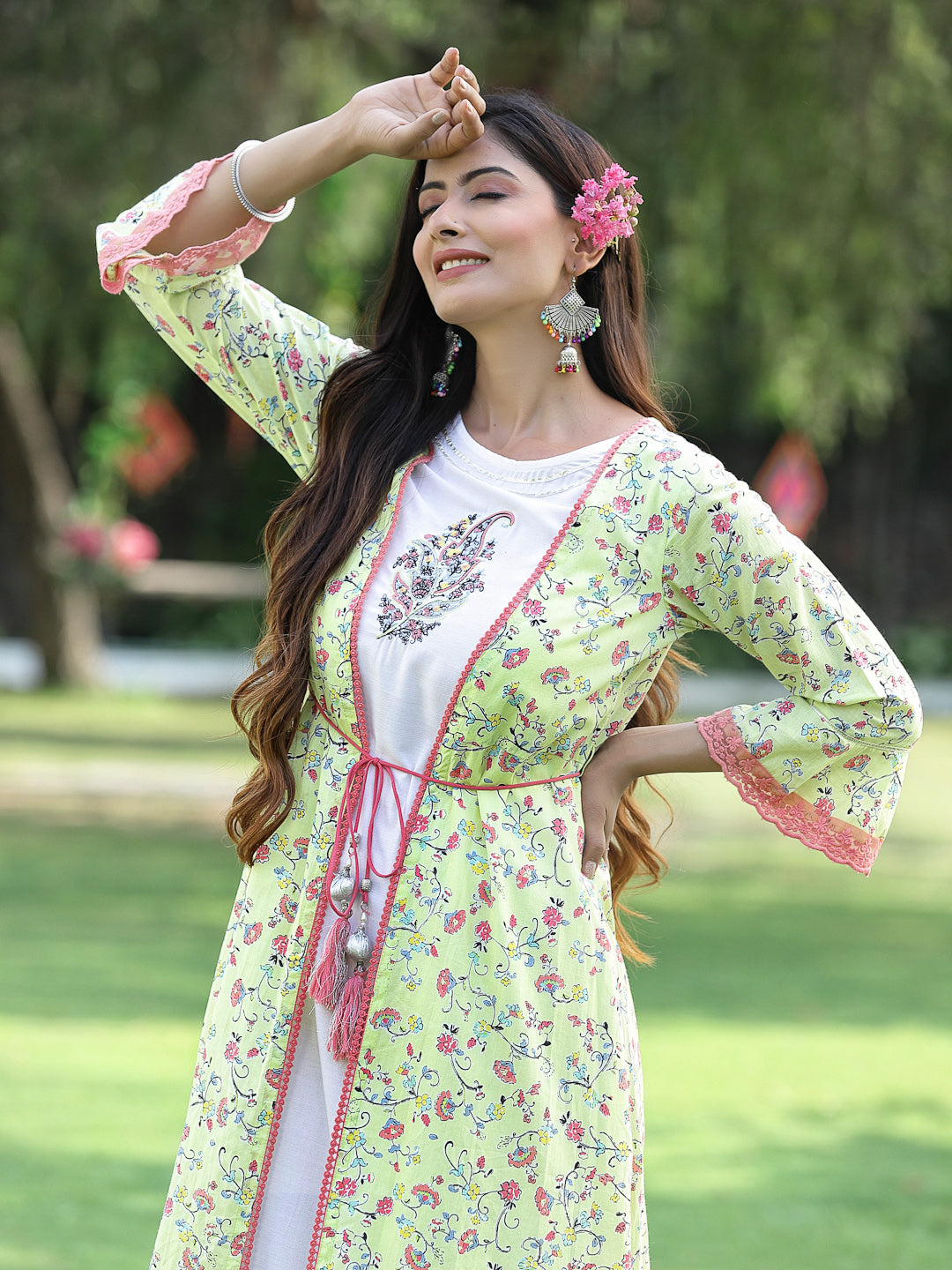 Juniper Womens Lime Green Multi Rayon Slub Double Layer Printed Kurta