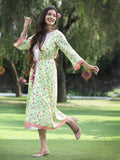 Juniper Womens Lime Green Multi Rayon Slub Double Layer Printed Kurta