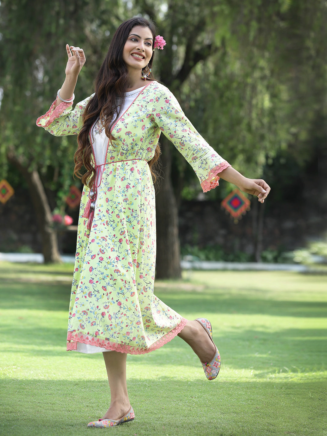 Juniper Womens Lime Green Multi Rayon Slub Double Layer Printed Kurta