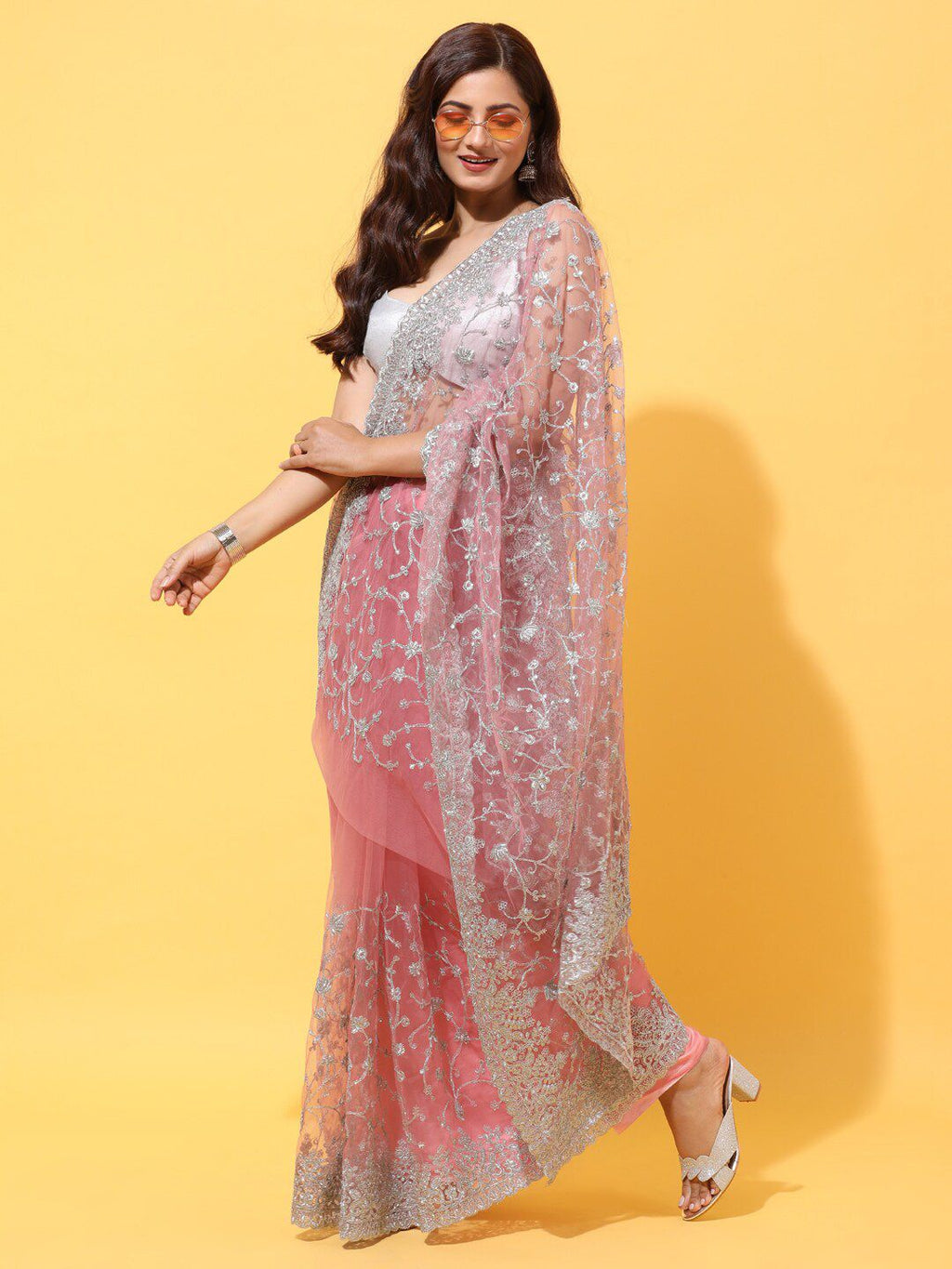 kasee Pink & Silver-Toned Floral Embroidered Net Heavy Work Saree
