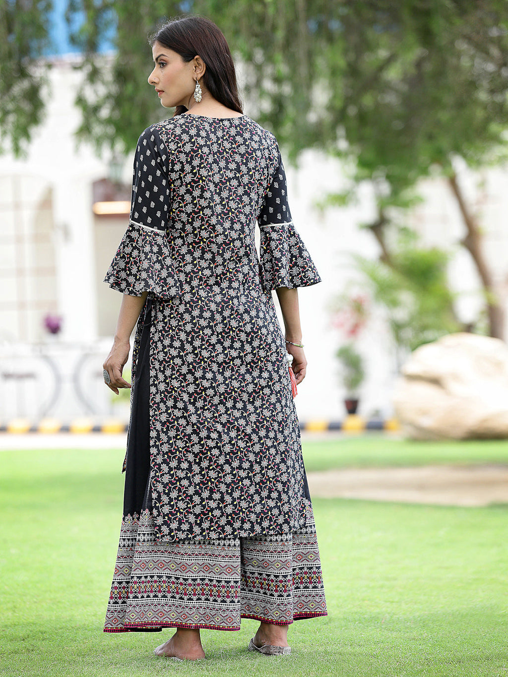 Juniper Womens Black Cambric Multicolor Placement Printed Kurta Palazzo Set