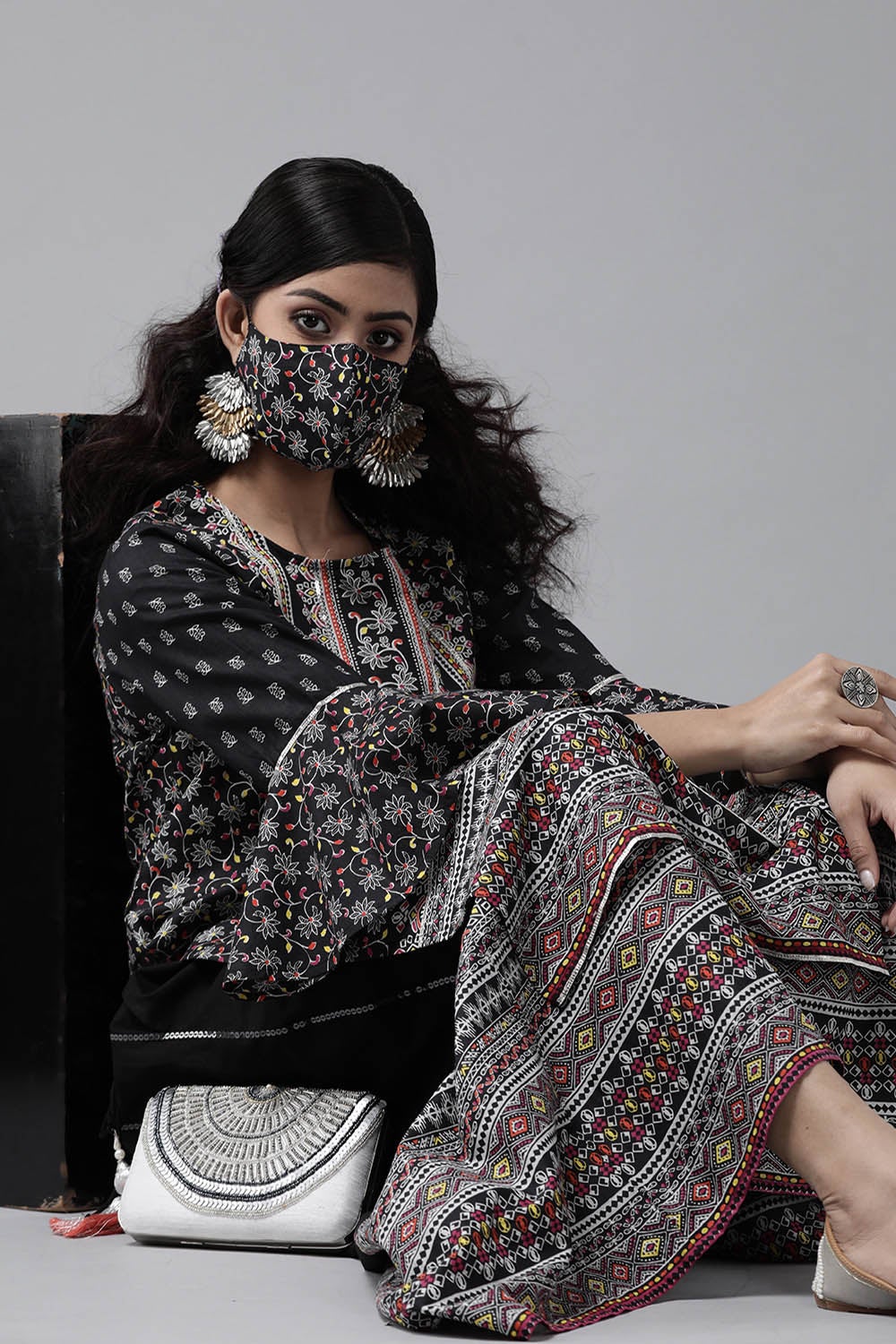 Juniper Women's Black Cambric Printed High-Low Kurta Sets