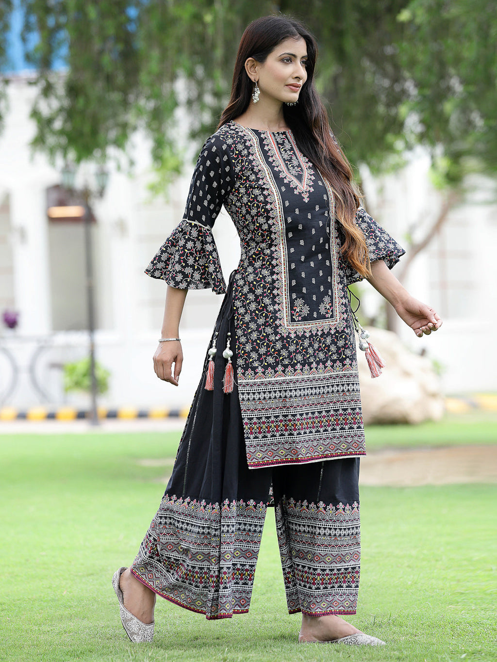 Juniper Womens Black Cambric Multicolor Placement Printed Kurta Palazzo Set