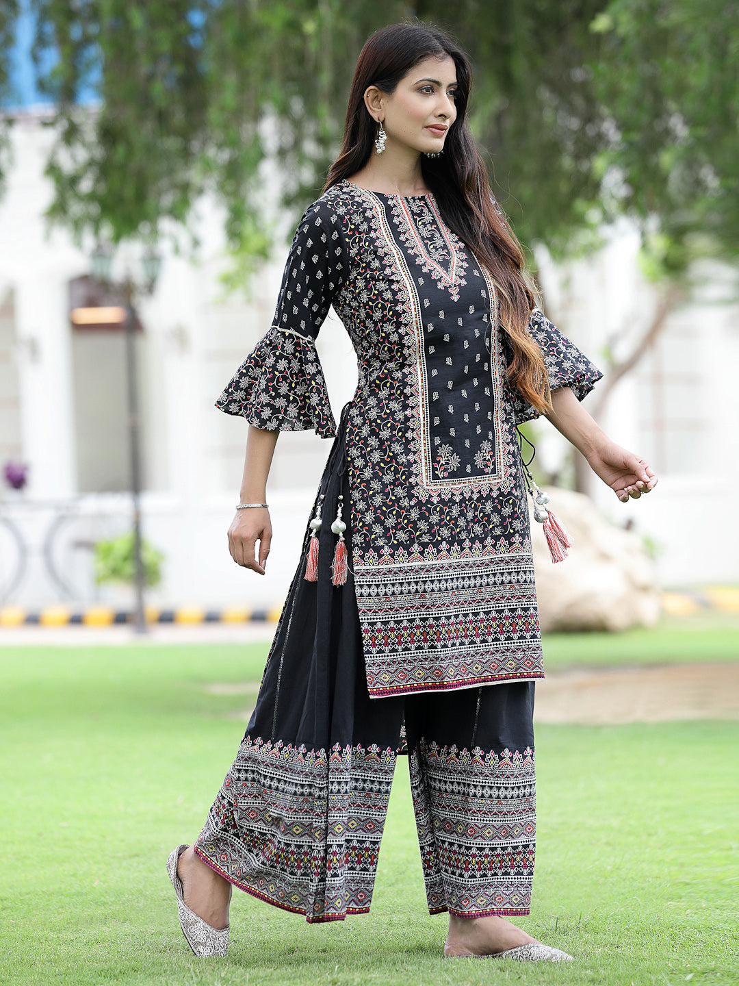 Juniper Womens Black Cambric Multicolor Placement Printed Kurta Palazzo Set